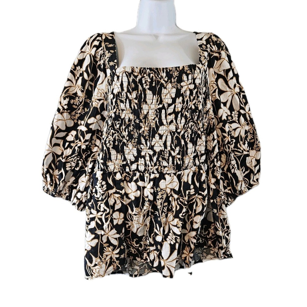 Ava & Viv Blouse Women 2XL Black Bronze Floral Babydoll Smocked Square Neck Boho